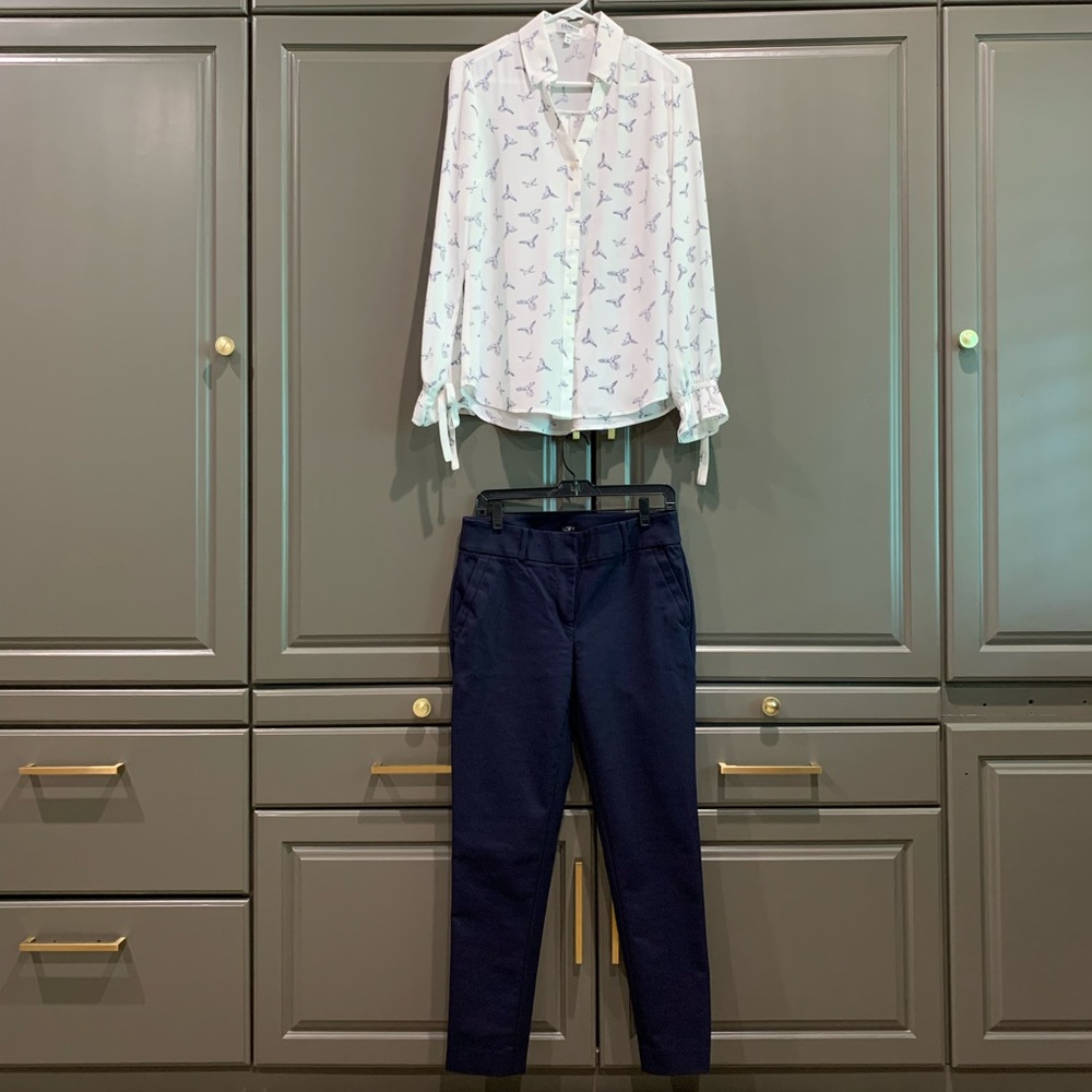 Ann Taylor LOFT navy slacks, sz 4 & Express blouse